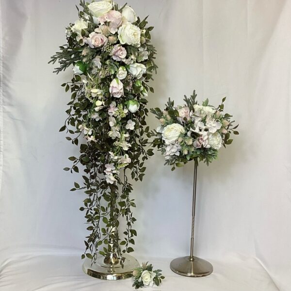 Ivory Pink Artificial Coco Rose Hydrangea and Trailing Ruscus Teardrop Shower Bouquet