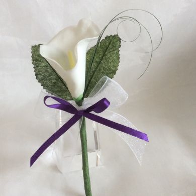 Real Touch White Calla Lily /Grass ButtonHole / Double Bow