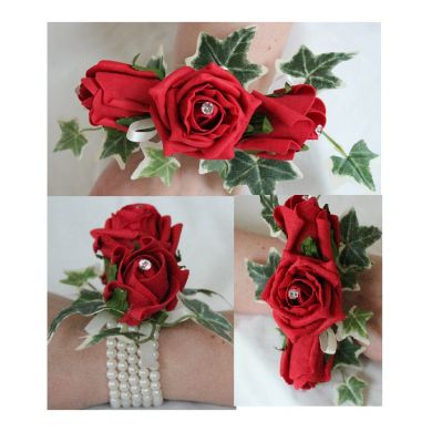 Triple Emily Artificial Rose Wristlet with Ivy Leaves