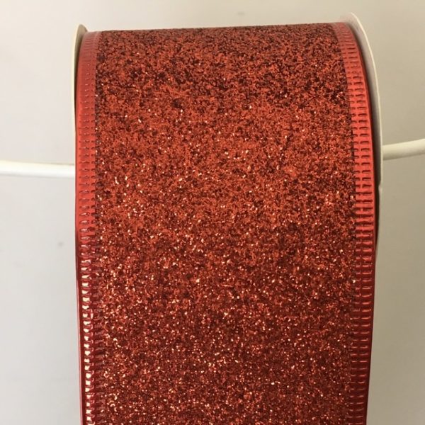 63mm Wired Edge Glittered Ribbon 10 yards Red
