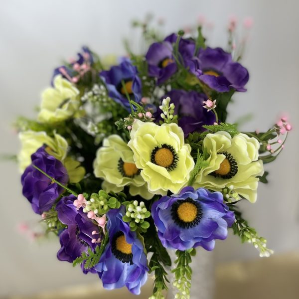 Purple/Ivory Violet Blue Artificial Mixed Anemone Bush with Berries and Foliage