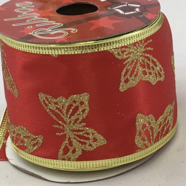 60mm Satin Wired Edge Ribbon w/BUTTERFLY Design 10yards Red