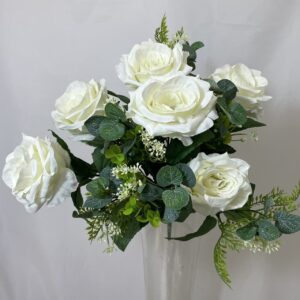 Large Artificial Open ROSE Bush with fern Ivory