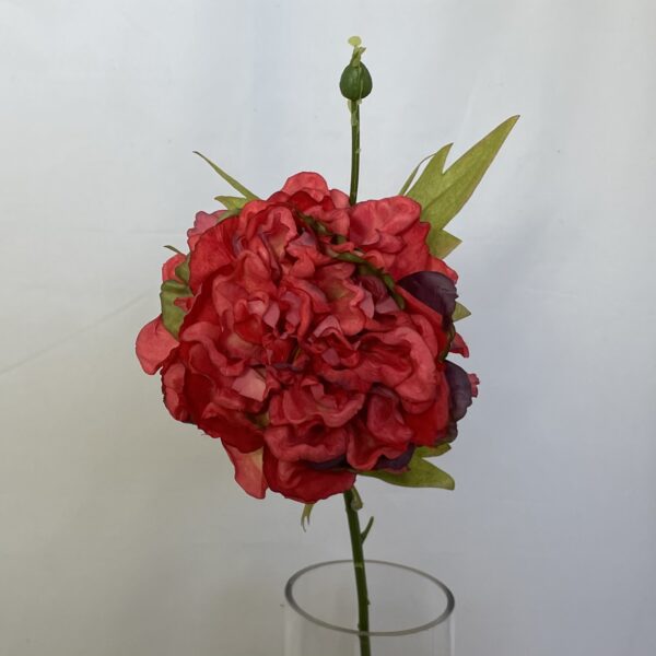 Artificial Lara Single Frilly Peony Spray with Bud Red/Coral
