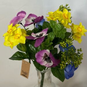 Artificial Pansy, Anemone and Narcissus Bouquet Purple/Lavender/Yellow