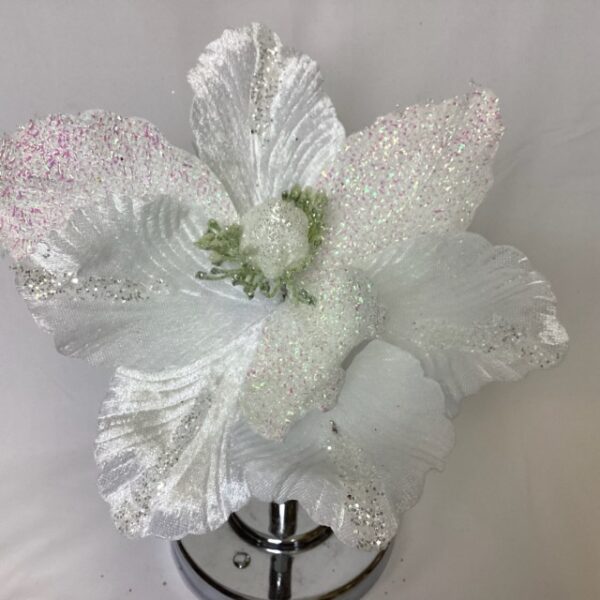 Artificial 24cm Single Velvet /Glitter Magnolia Pick White
