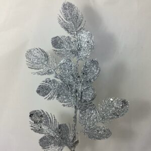 Artificial Plastic Glittered FEATHER Leaf Spray Silver
