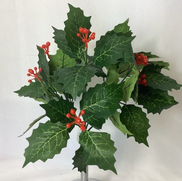 Artificial Leafy Green Christmas Holly Bush with Red Berries