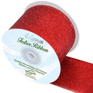 63mm SPARKLE Wired Edge Ribbon 9.1m Red