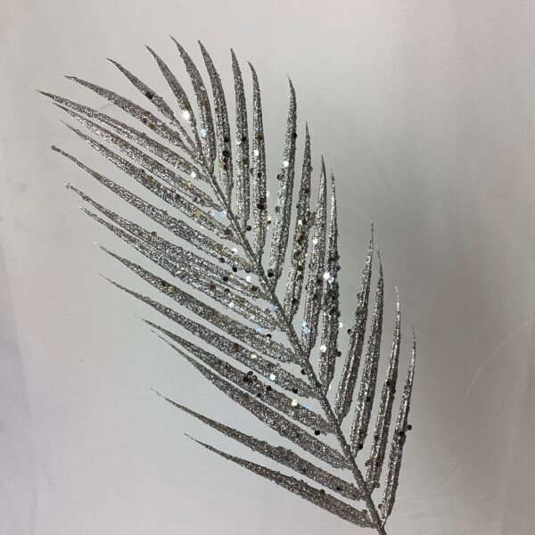 Single Glittered Palm Leaf Spray Silver