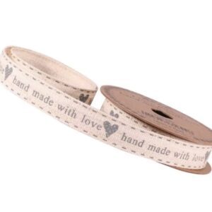 15mm ‘Handmade with Love’ Grey Linen Ribbon 5yds