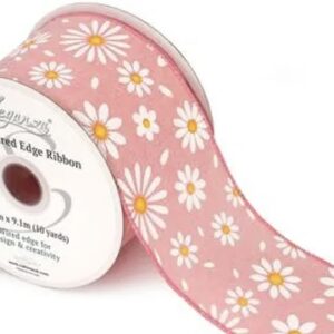 63mm White Daisies Eleganza Luxury WIRED Ribbon 9.1m Pink