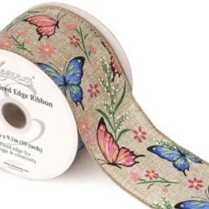 63mm Pink Blue Butterfly Eleganza Luxury WIRED Ribbon 9.1m