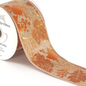 63mm Gilded Autumn Leaf Eleganza Wired Edge Burlap Ribbon 9.1m