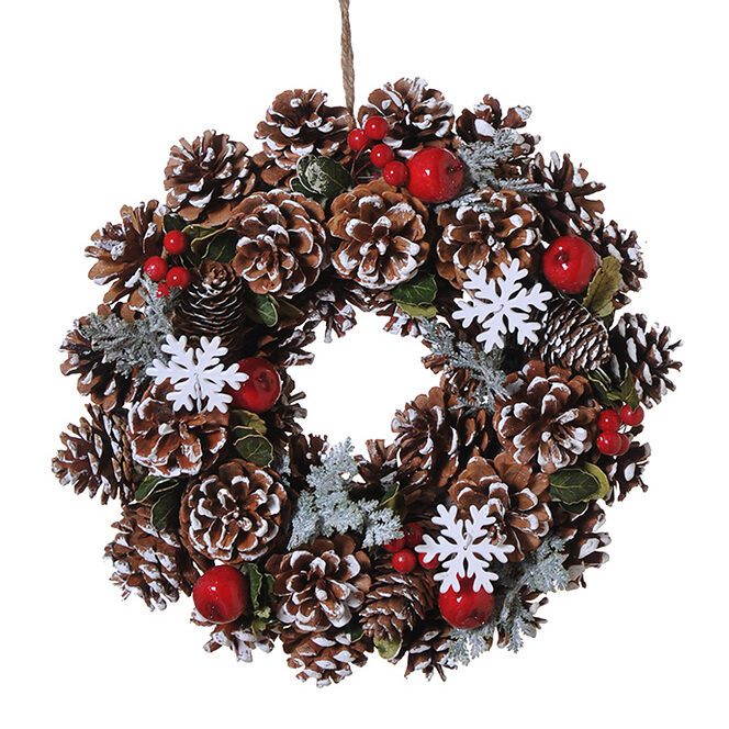 30cm White Snowflake Pinecone Wreath with Red Berries