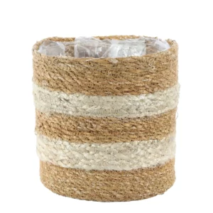 Large Striped Round Seagrass/Jute Basket - Lined H18cm D18cm