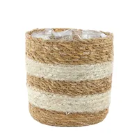 Medium Striped Round Seagrass/Jute Basket - Lined H16cm D16cm