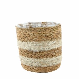 Small Striped Round Seagrass/Jute Basket - Lined H14cm D14cm